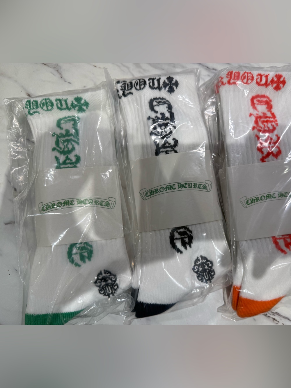 Chrome Hearts White Crew Socks with Black Gothic Logo